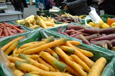 (c) ProSpecieRara Différentes varitétés de carottes aux couleurs différentes sur un marché